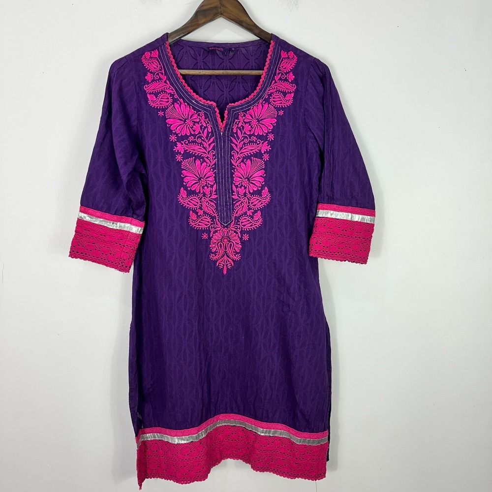 Srishti Womens M Purple Pink Embroidered Cotton Kurta Tunic Boho Festival Ethnic